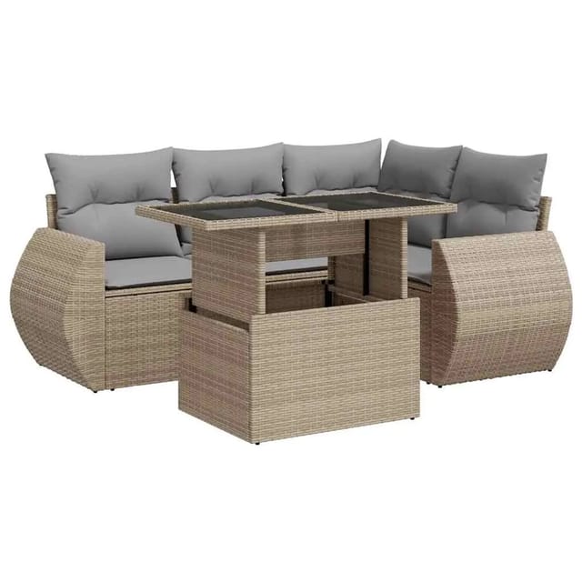 vidaXL 5-Tlg Garten-Sofagarnitur mit Kissen Beige Poly Rattan 3326630