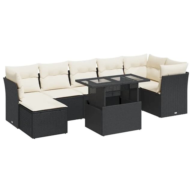 vidaXL 8-Tlg Garten-Sofagarnitur mit Kissen Schwarz Poly Rattan 3326197