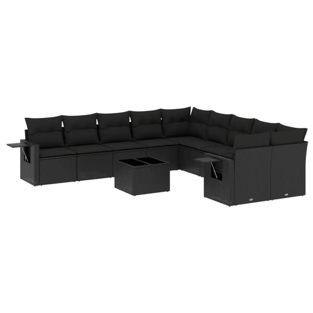 vidaXL 11-Tlg Garten-Sofagarnitur mit Kissen Schwarz Poly Rattan 3253052