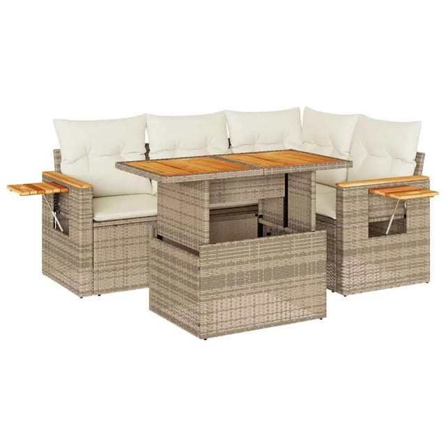 vidaXL 5-Tlg Garten-Sofagarnitur mit Kissen Beige Poly Rattan Akazie 3327593