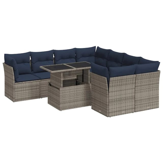 vidaXL 9-Tlg Garten-Sofagarnitur mit Kissen Grau Poly Rattan Akazie 3326132