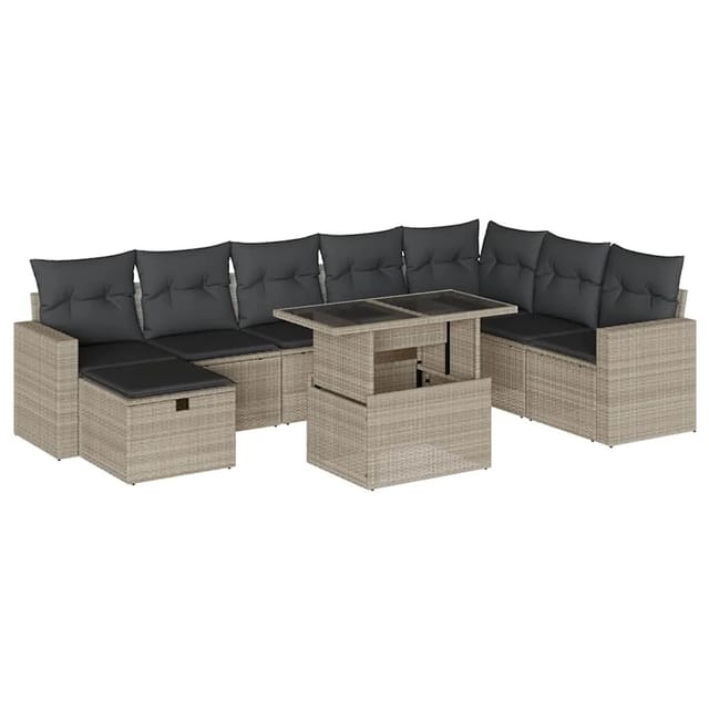 vidaXL 9-Tlg Garten-Sofagarnitur mit Kissen Hellgrau Poly Rattan 3274872