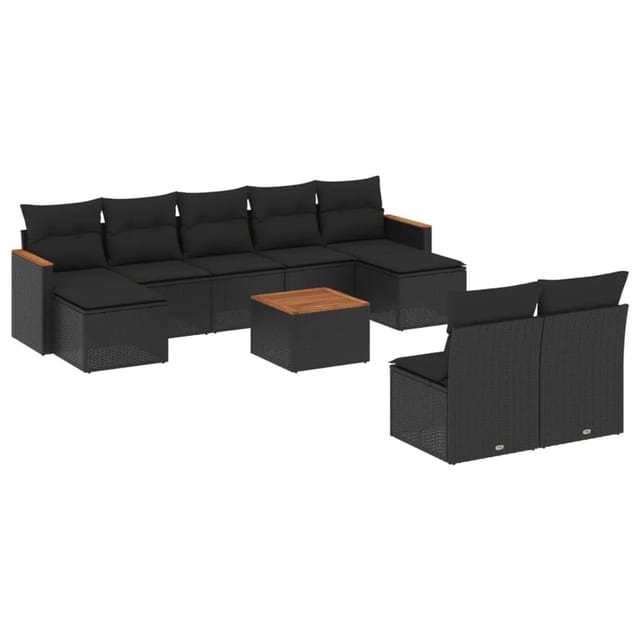 vidaXL 10-Tlg Garten-Sofagarnitur mit Kissen Schwarz Poly Rattan 3258779