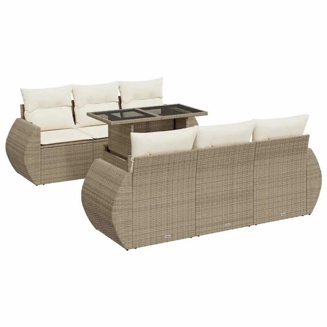 vidaXL 7-Tlg Garten-Sofagarnitur mit Kissen Beige Poly Rattan 3326579