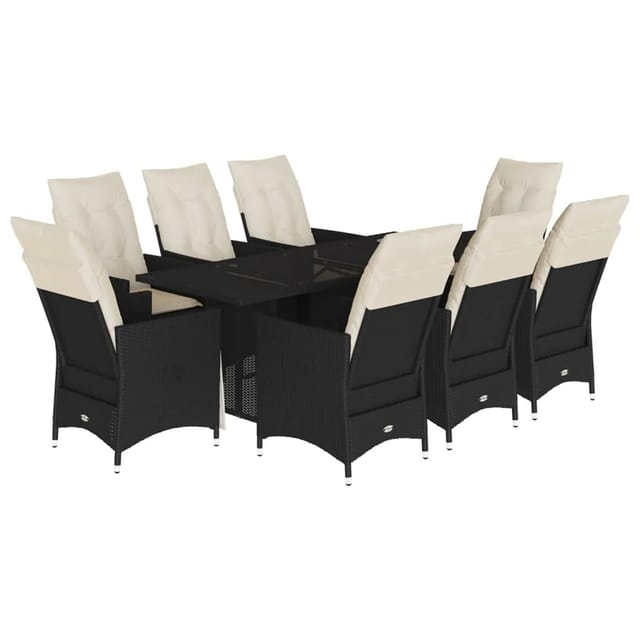 vidaXL 9-Tlg Garten-Essgruppe mit Kissen Schwarz Poly Rattan 3276702