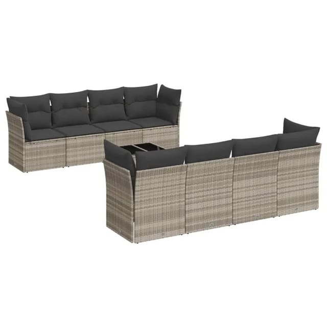 vidaXL 9-Tlg Garten-Sofagarnitur mit Kissen Hellgrau Poly Rattan 3217312
