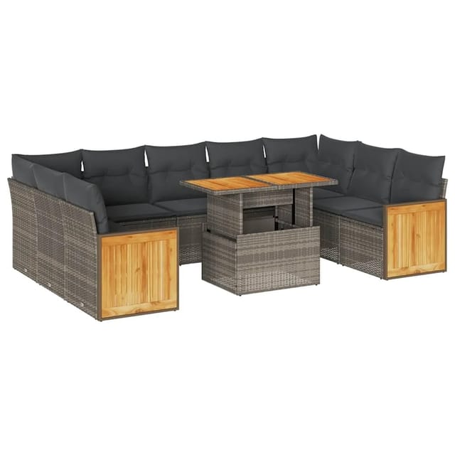 vidaXL 10-Tlg Garten-Sofagarnitur mit Kissen Grau Poly Rattan Akazie 3327756