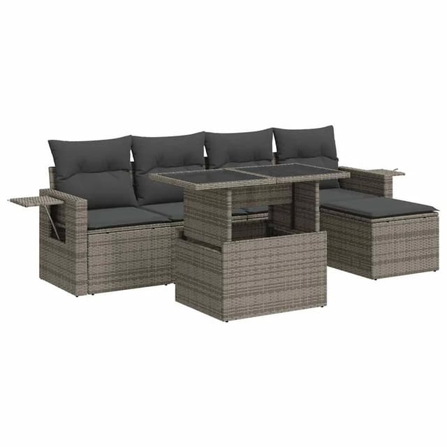 vidaXL 6-Tlg Garten-Sofagarnitur mit Kissen Grau Poly Rattan 3326461