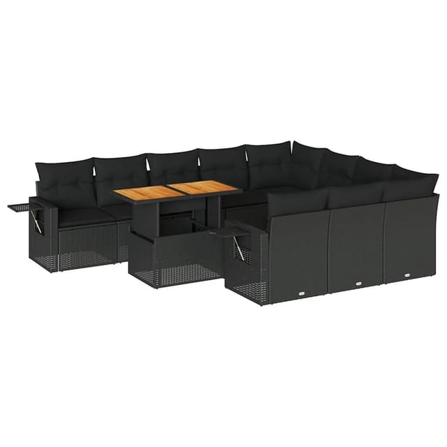 vidaXL 11-Tlg Garten-Sofagarnitur mit Kissen Schwarz Poly Rattan 3327198