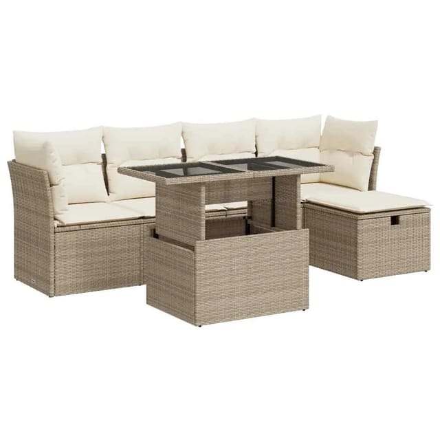 vidaXL 6-Tlg Garten-Sofagarnitur mit Kissen Beige Poly Rattan 3327768