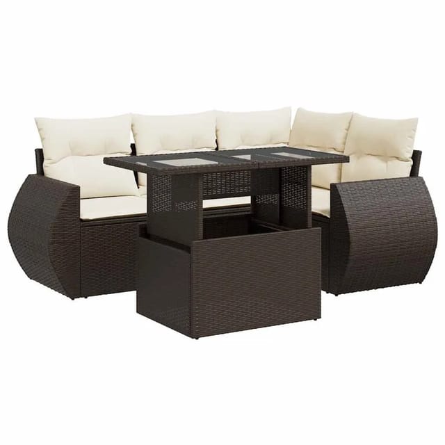 vidaXL 5-Tlg Garten-Sofagarnitur mit Kissen Braun Poly Rattan 3326634