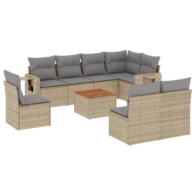 vidaXL 9-Tlg Garten-Sofagarnitur mit Kissen Beige Poly Rattan 3256934