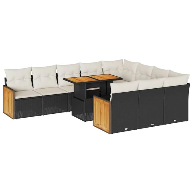 vidaXL 11-Tlg Garten-Sofagarnitur mit Kissen Schwarz Poly Rattan 3327759