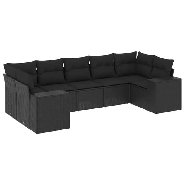 vidaXL 7-Tlg Garten-Sofagarnitur mit Kissen Schwarz Poly Rattan 3222984