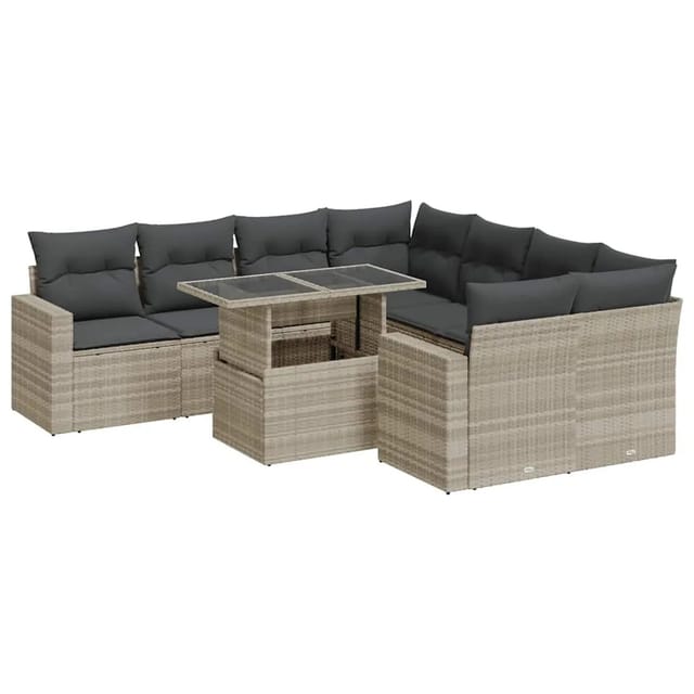 vidaXL 9-Tlg Garten-Sofagarnitur mit Kissen Hellgrau Poly Rattan 3326293