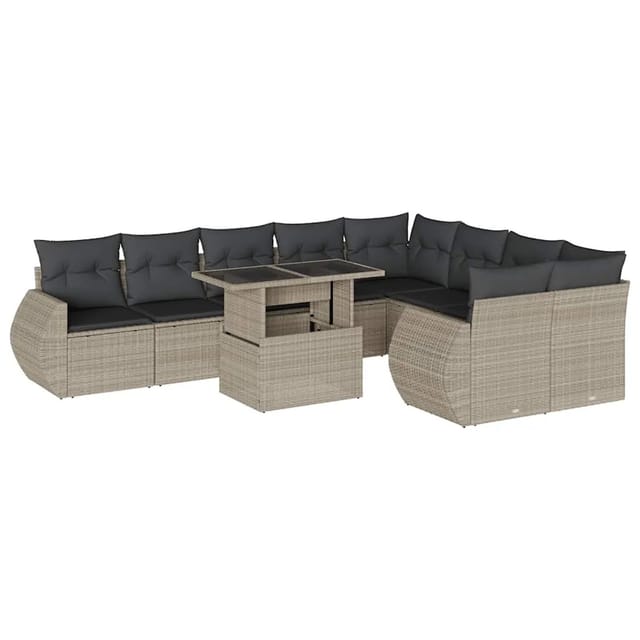 vidaXL 10-Tlg Garten-Sofagarnitur mit Kissen Hellgrau Poly Rattan 3268762