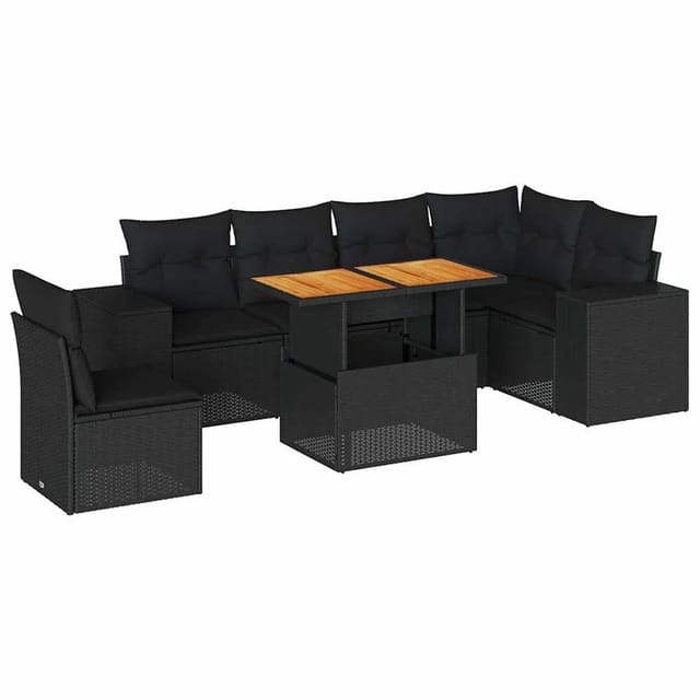 vidaXL 7-Tlg Garten-Sofagarnitur mit Kissen Schwarz Poly Rattan 3327380