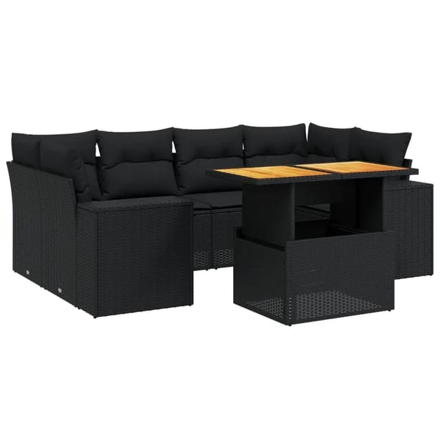vidaXL 7-Tlg Garten-Sofagarnitur mit Kissen Schwarz Poly Rattan 3272532