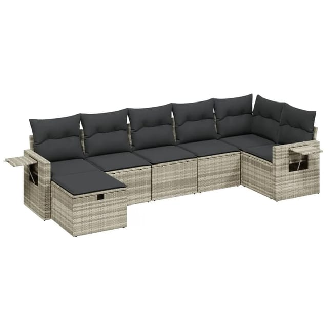 vidaXL 7-Tlg Garten-Sofagarnitur mit Kissen Hellgrau Poly Rattan 3263818