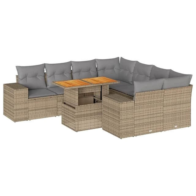 vidaXL 9-Tlg Garten-Sofagarnitur mit Kissen Beige Poly Rattan 3327356