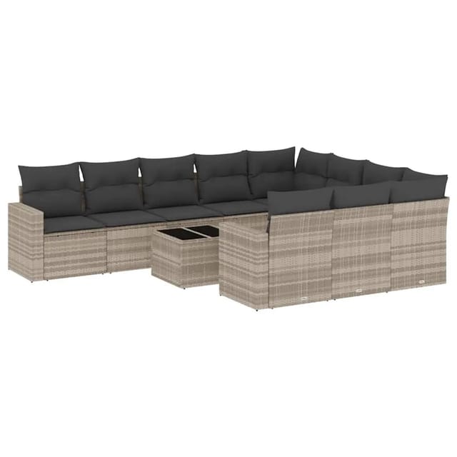 vidaXL 11-Tlg Garten-Sofagarnitur mit Kissen Hellgrau Poly Rattan 3219492