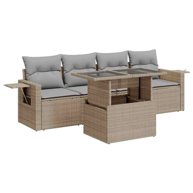 vidaXL 5-Tlg Garten-Sofagarnitur mit Kissen Beige Poly Rattan 3326400