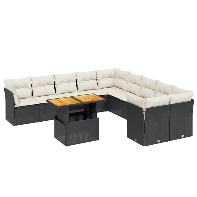 vidaXL 11-Tlg Garten-Sofagarnitur mit Kissen Schwarz Poly Rattan 3271042