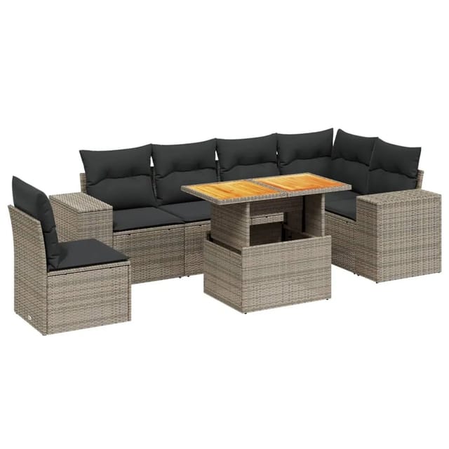 vidaXL 7-Tlg Garten-Sofagarnitur mit Kissen Grau Poly Rattan 3272663
