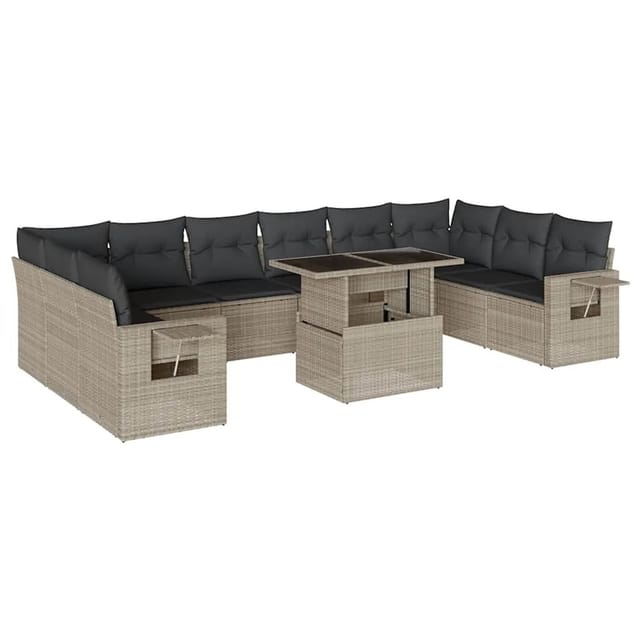 vidaXL 11-Tlg Garten-Sofagarnitur mit Kissen Hellgrau Poly Rattan 3268152