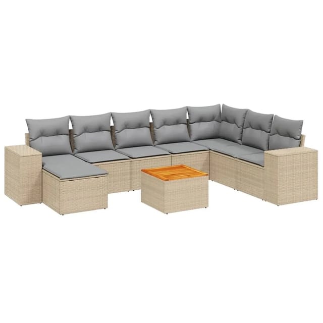 vidaXL 9-Tlg Garten-Sofagarnitur mit Kissen Beige Poly Rattan 3225583