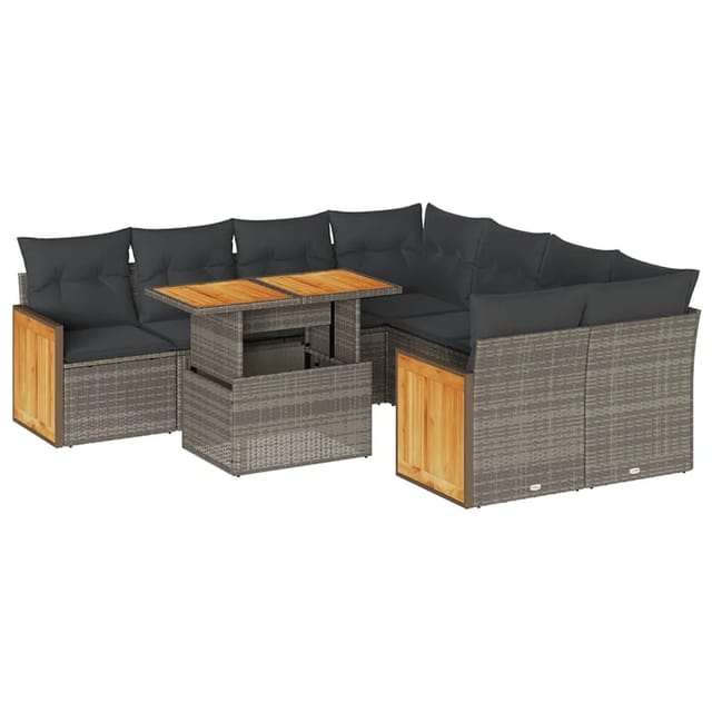 vidaXL 9-Tlg Garten-Sofagarnitur mit Kissen Grau Poly Rattan Akazie 3327693