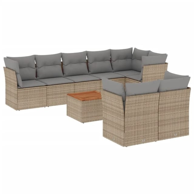 vidaXL 9-Tlg Garten-Sofagarnitur mit Kissen Beige Poly Rattan 3256066