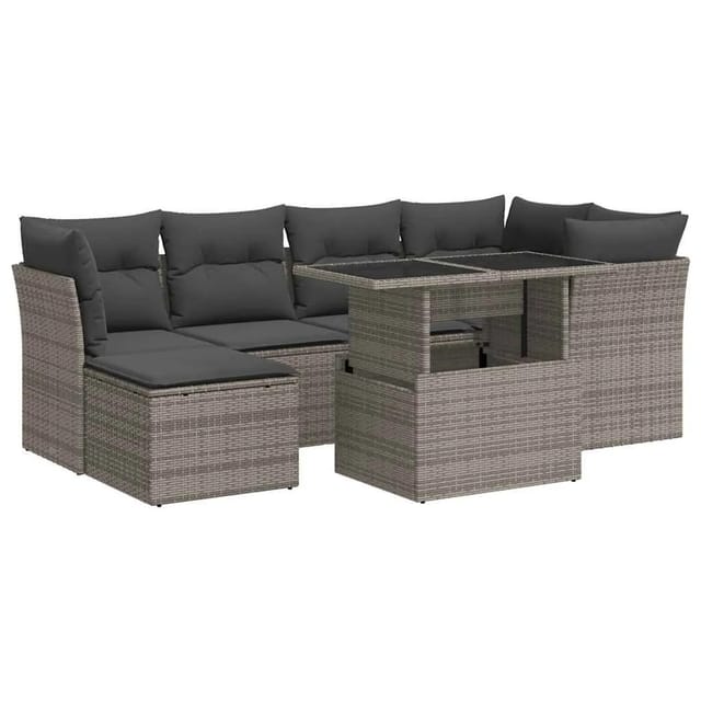 vidaXL 7-Tlg Garten-Sofagarnitur mit Kissen Grau Poly Rattan 3326191