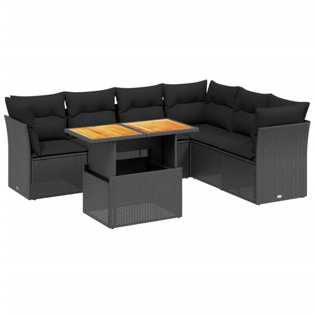 vidaXL 7-Tlg Garten-Sofagarnitur mit Kissen Schwarz Poly Rattan 3270845