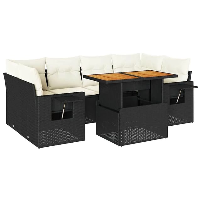 vidaXL 7-Tlg Garten-Sofagarnitur mit Kissen Schwarz Poly Rattan 3327115