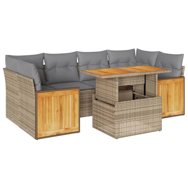 vidaXL 7-Tlg Garten-Sofagarnitur mit Kissen Beige Poly Rattan Akazie 3327678