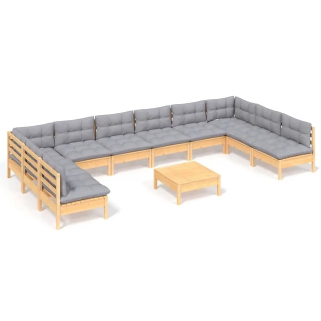 vidaXL 11-Tlg Garten-Lounge-Set mit Grauen Kissen Kiefer Massivholz 3097192