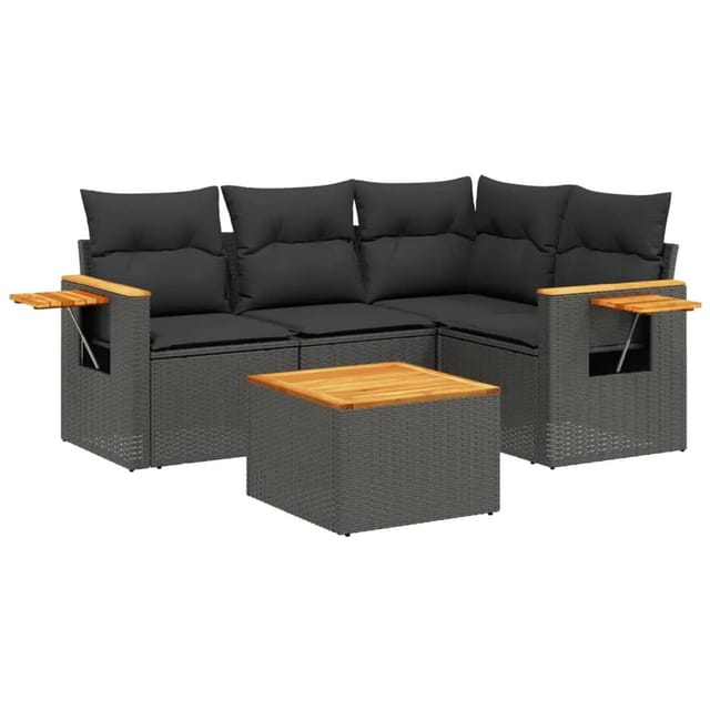 vidaXL 5-Tlg Garten-Sofagarnitur mit Kissen Schwarz Poly Rattan 3226776