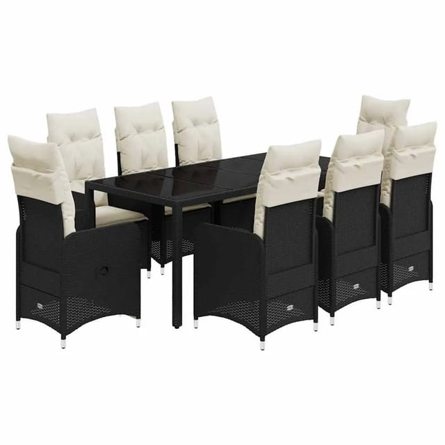 vidaXL 9-Tlg Garten-Bistro-Set mit Kissen Schwarz Poly Rattan 3276995