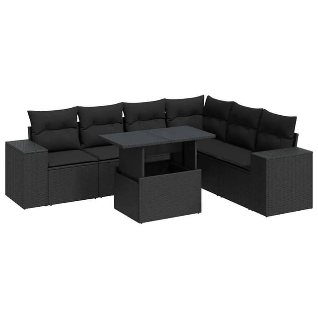 vidaXL 7-Tlg Garten-Sofagarnitur mit Kissen Schwarz Poly Rattan 3326806
