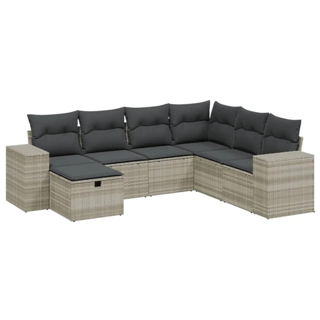 vidaXL 7-Tlg Garten-Sofagarnitur mit Kissen Hellgrau Poly Rattan 3264458
