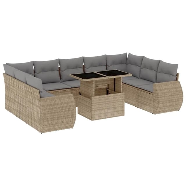 vidaXL 10-Tlg Garten-Sofagarnitur mit Kissen Beige Poly Rattan 3268739