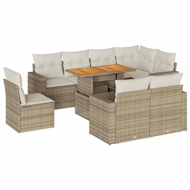 vidaXL 9-Tlg Garten-Sofagarnitur mit Kissen Beige Poly Rattan 3327054