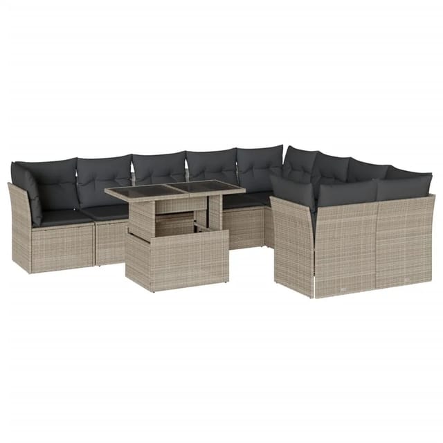 vidaXL 10-Tlg Garten-Sofagarnitur mit Kissen Hellgrau Poly Rattan 3266842