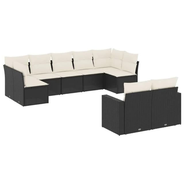 vidaXL 9-Tlg Garten-Sofagarnitur mit Kissen Schwarz Poly Rattan 3219406