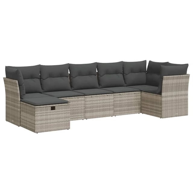 vidaXL 7-Tlg Garten-Sofagarnitur mit Kissen Hellgrau Poly Rattan 3325308
