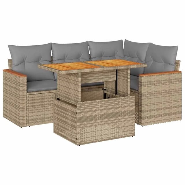 vidaXL 5-Tlg Garten-Sofagarnitur mit Kissen Beige Poly Rattan Akazie 3327482