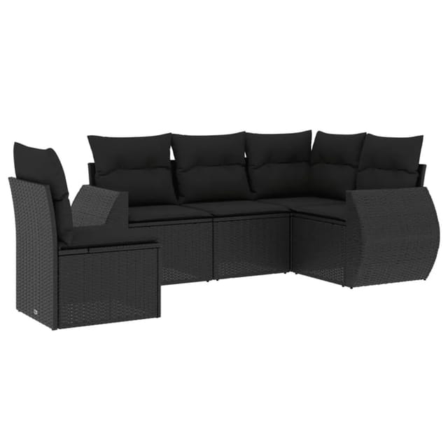 vidaXL 5-Tlg Garten-Sofagarnitur mit Kissen Schwarz Poly Rattan 3221364