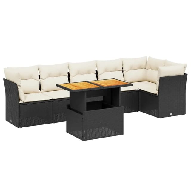 vidaXL 7-Tlg Garten-Sofagarnitur mit Kissen Schwarz Poly Rattan 3270839