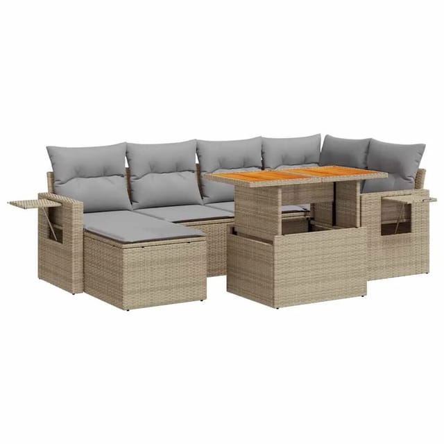 vidaXL 7-Tlg Garten-Sofagarnitur mit Kissen Beige Poly Rattan 3327174